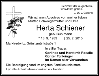 Traueranzeige von Herta Schiener von Frankenpost