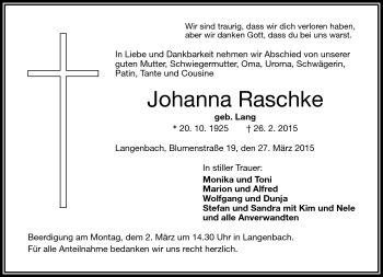 Traueranzeige von Johanna Raschke von Frankenpost