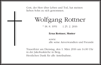 Traueranzeige von Wolfgang Rottner von Frankenpost