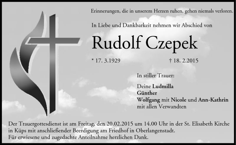  Traueranzeige für Rudolf Czepek vom 19.02.2015 aus Neue Presse Coburg