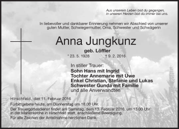 Traueranzeige von Anna Jungkunz von Neue Presse Coburg