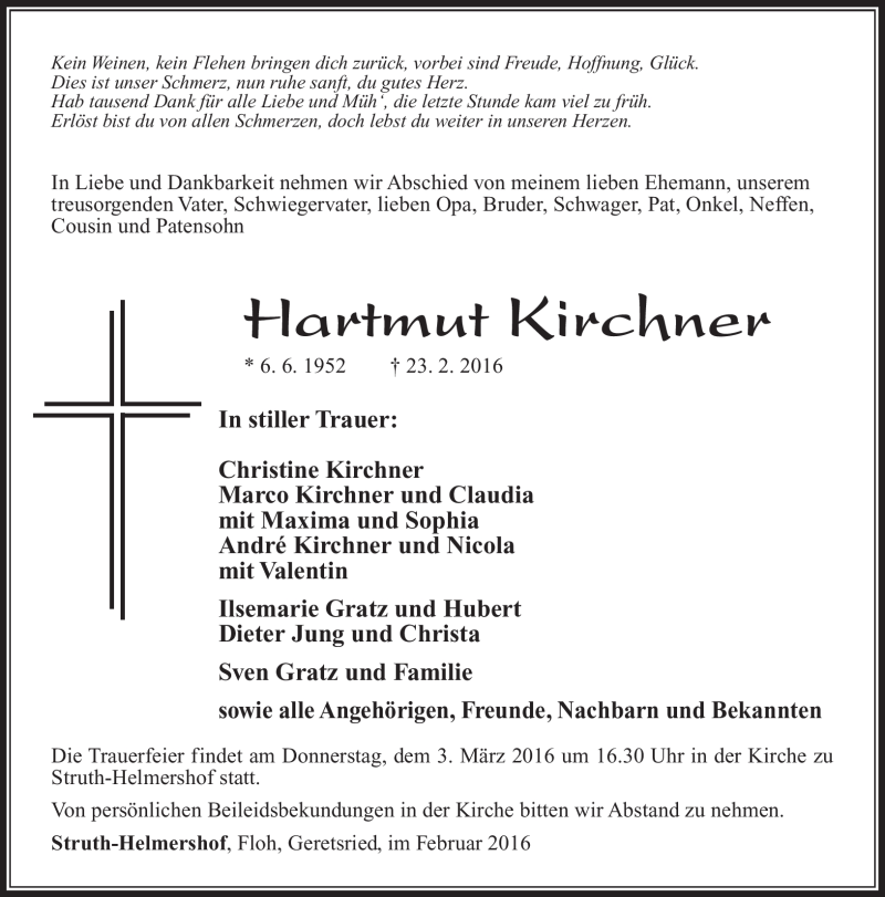  Traueranzeige für Hartmut Kirchner vom 27.02.2016 aus Südthüringer Presse