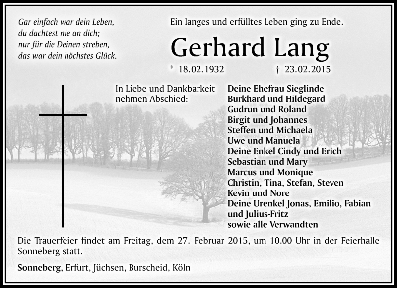  Traueranzeige für Gerhard Lang vom 25.02.2015 aus Südthüringer Presse