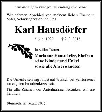 Traueranzeige von Karl Hausdörfer von Südthüringer Presse