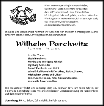 Traueranzeige von Wilhelm Parchwitz von Südthüringer Presse