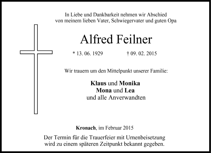  Traueranzeige für Alfred Feilner vom 11.02.2015 aus Neue Presse Coburg