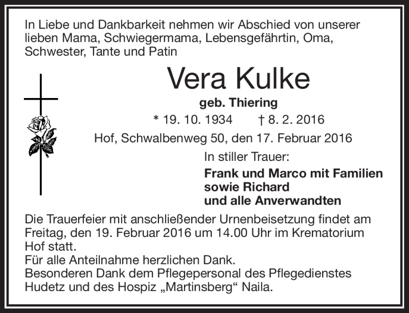  Traueranzeige für Vera Kulke vom 17.02.2016 aus Frankenpost