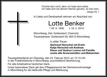Traueranzeige von Lotte Benker von Frankenpost