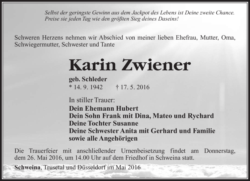  Traueranzeige für Karin Zwiener vom 24.05.2016 aus Südthüringer Presse