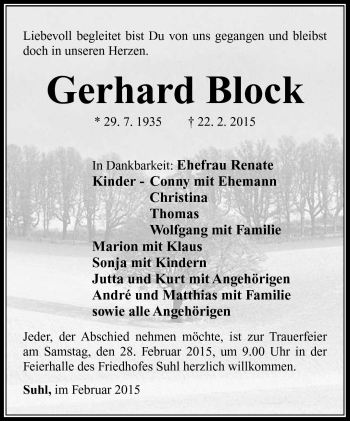 Traueranzeige von Gerhard Block von Südthüringer Presse