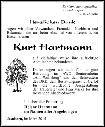 Traueranzeige von Kurt Hartmann von Südthüringer Presse