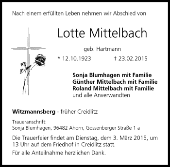 Traueranzeige von Lotte Mittelbach von Neue Presse Coburg