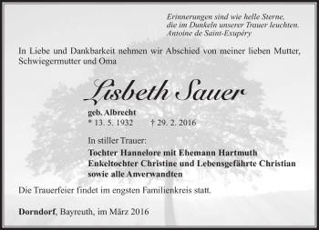 Traueranzeige von Lisbeth Sauer von Südthüringer Presse