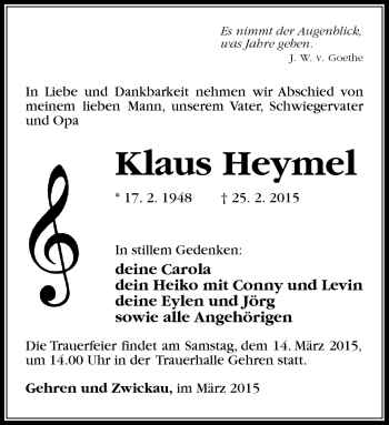 Traueranzeige von Klaus Heymel von Südthüringer Presse