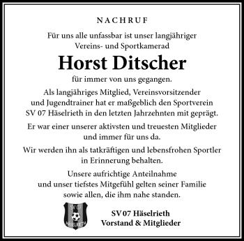 Traueranzeige von Horst Ditscher von Südthüringer Presse