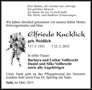 Traueranzeige von Elfriede Kucklick von Südthüringer Presse