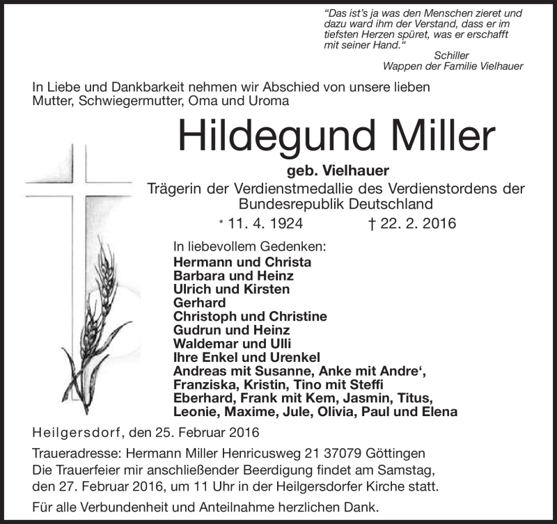 Traueranzeige für Hildegund Miller vom 25.02.2016 aus Neue Presse Coburg