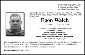 Traueranzeige von Egon Walch von Südthüringer Presse