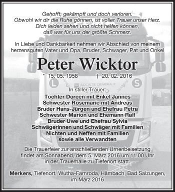 Traueranzeige von Peter Wicktor von Südthüringer Presse