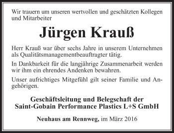 Traueranzeige von Jürgen Krauß von Südthüringer Presse