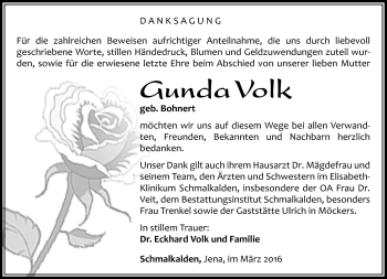 Traueranzeige von Gunda Volk von Südthüringer Presse