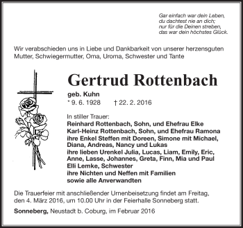 Traueranzeige von Gertrud Rottenbach von Südthüringer Presse