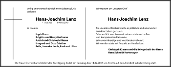 Traueranzeige von Hans-Joachim Lenz von Frankenpost