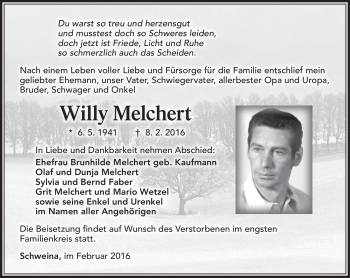 Traueranzeige von Willy Melchert von Südthüringer Presse