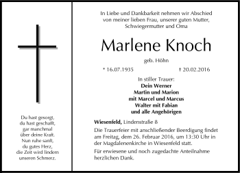 Traueranzeige von Marlene Knoch von Neue Presse Coburg