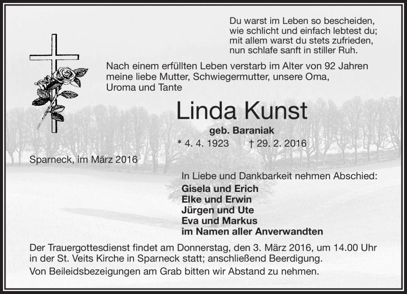  Traueranzeige für Linda Kunst vom 02.03.2016 aus Frankenpost