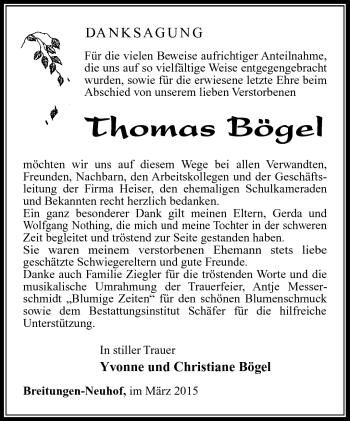 Traueranzeige von Thomas Bögel von Südthüringer Presse