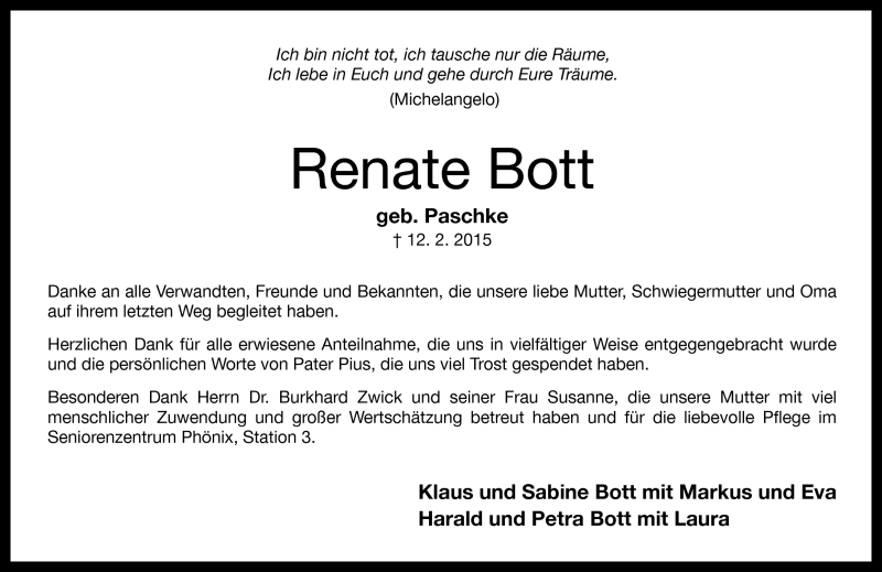  Traueranzeige für Renate Bott vom 21.02.2015 aus Neue Presse Coburg