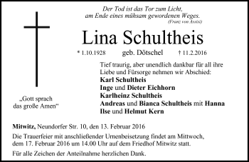 Traueranzeige von Lina Schultheis von Neue Presse Coburg