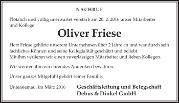 Traueranzeige von Oliver Friese von Neue Presse Coburg
