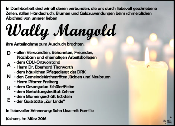 Traueranzeige von Wally Mangold von Südthüringer Presse