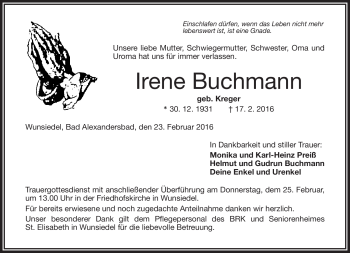 Traueranzeige von Irene Buchmann von Frankenpost
