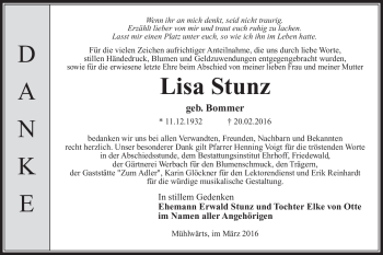Traueranzeige von Lisa Stunz von Südthüringer Presse