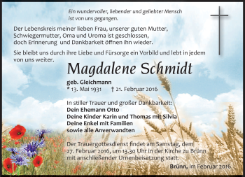 Traueranzeige von Magdalene Schmidt von Südthüringer Presse
