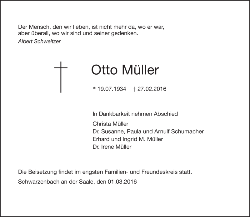  Traueranzeige für Otto Müller vom 01.03.2016 aus Frankenpost