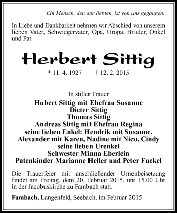 Traueranzeige von Herbert Sittig von Südthüringer Presse