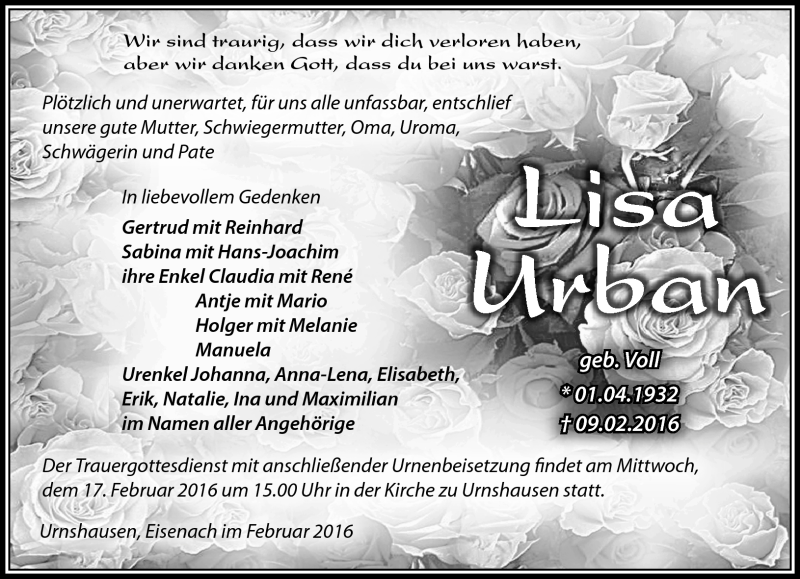  Traueranzeige für Lisa Urban vom 13.02.2016 aus Südthüringer Presse