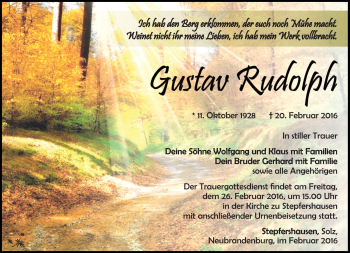 Traueranzeige von Gustav Rudolph von Südthüringer Presse