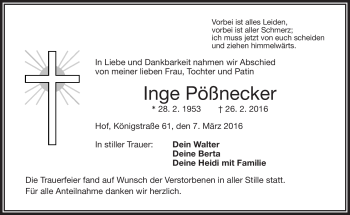 Traueranzeige von Inge Pößnecker von Frankenpost