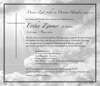 Traueranzeige von Erika Zimmer von Südthüringer Presse