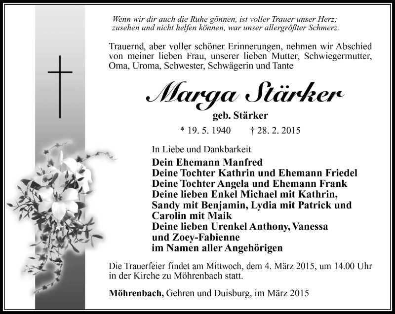  Traueranzeige für Marga Stärker vom 03.03.2015 aus Südthüringer Presse