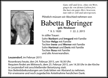 Traueranzeige von Babetta Beringer von Neue Presse Coburg