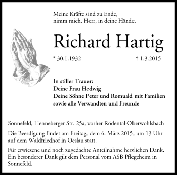Traueranzeige von Richard Hartig von Neue Presse Coburg