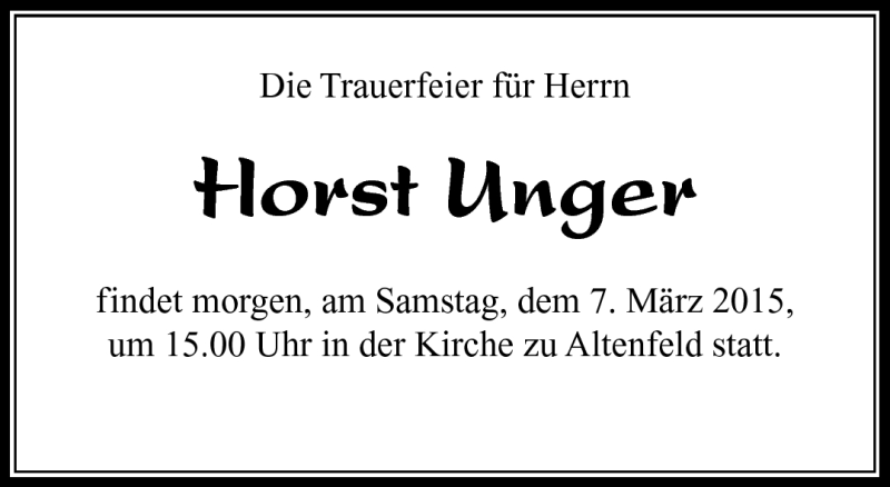  Traueranzeige für Horst Unger vom 06.03.2015 aus Südthüringer Presse