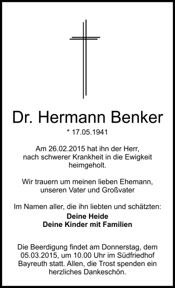 Traueranzeige von Hermann Benker von Frankenpost