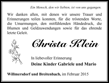 Traueranzeige von Christa Klein von Südthüringer Presse